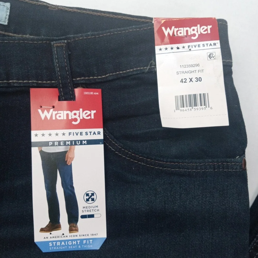 Wrangler Premium 5 Star Straight Fit Jeans Men's 42x30 Blue Stretch